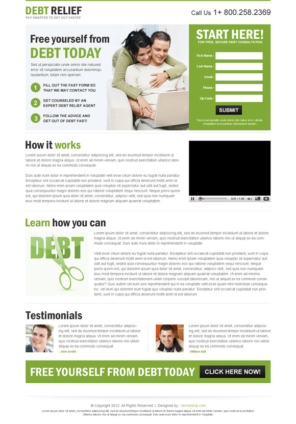 High quality professional debt relief landing page design that converts traffic into sales and leads from http://www.semanticlp.com/buy-now1.php?p=678