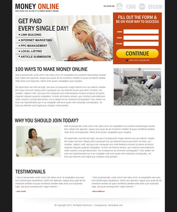 Nice and clean landing page design for make money online.