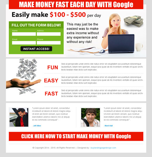 make money online clean and optimized lead capture landing page design templates to earn money online with Google from https://www.buylandingpagedesign.com/buy/make-money-fast-everyday-with-google-lander-design/236