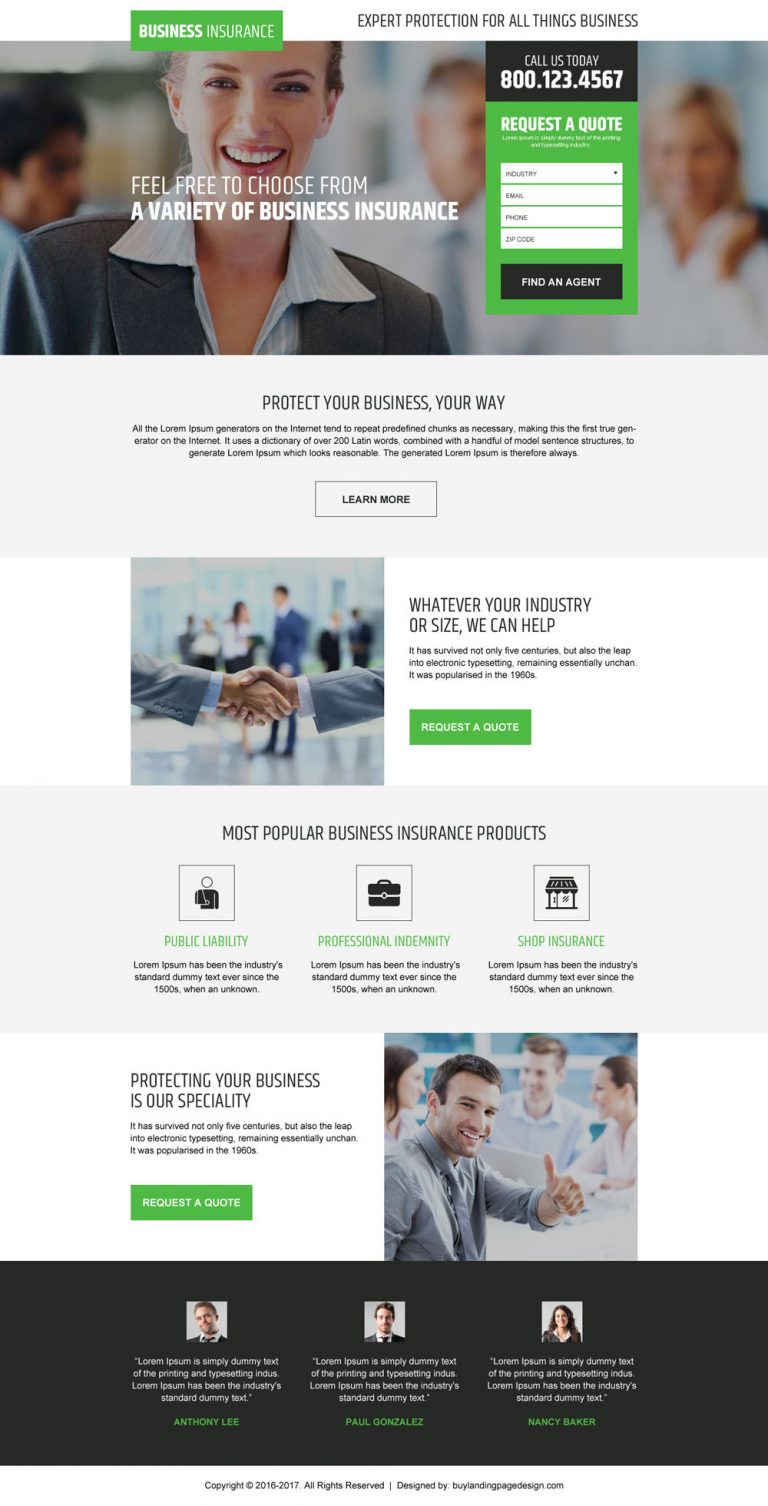 Business insurance landing pages for capturing high quality leads