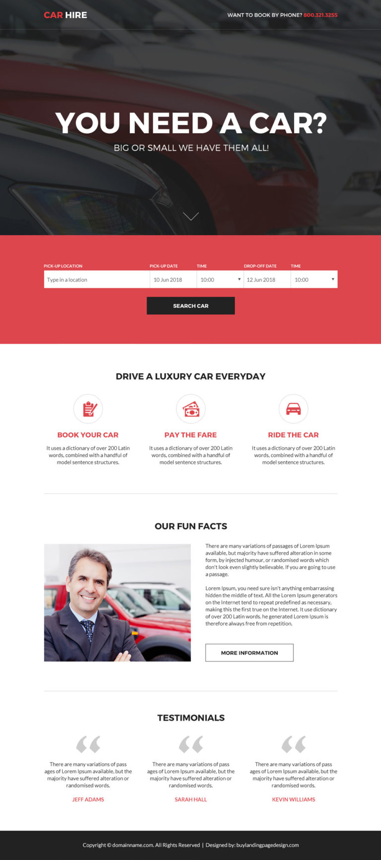 Responsive car hire services bootstrap landing page design