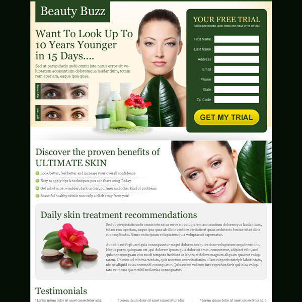 look upto 10 years younger in 15 days very attractive and converting landing page design Beauty Product example