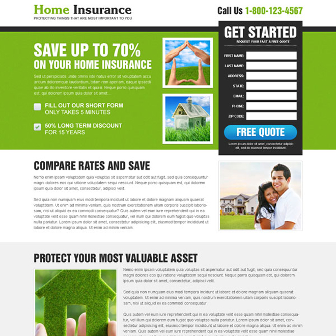 save on your home insurance optimized and clean home insurance landing page Home Insurance example