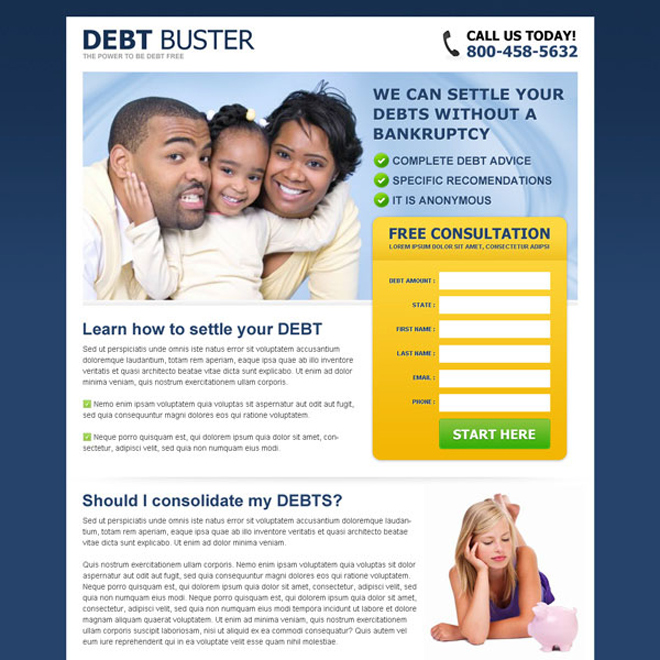 debt buster eliminate your debt without a bankruptcy free consultation lead gen page Debt example