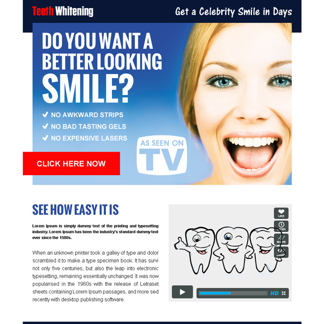get a celebrity smile in days converting ppv landing page Teeth Whitening example