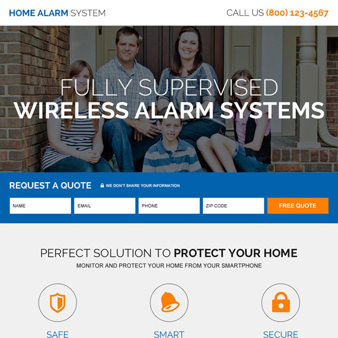 home alarm security system responsive landing page design Security example