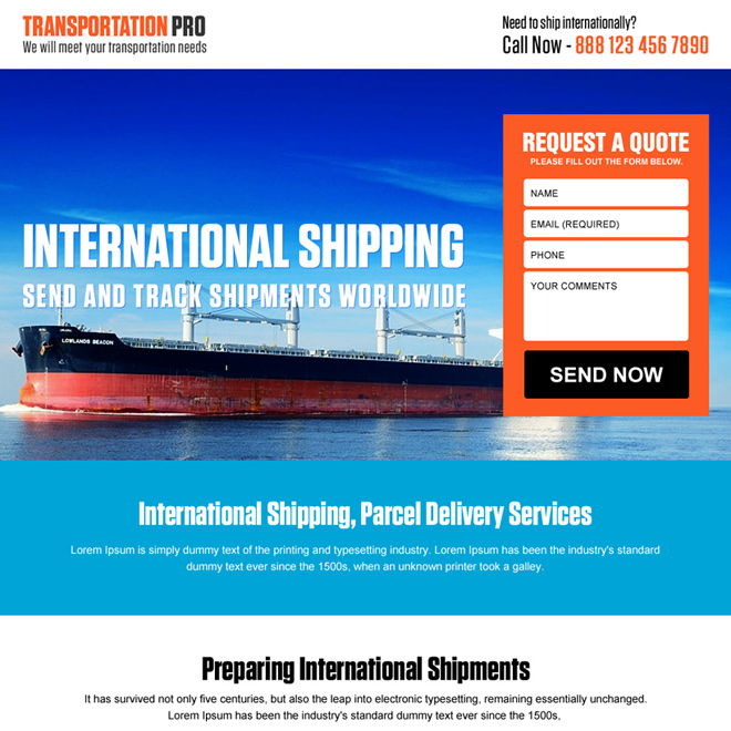  international  shipping  free quote  landing page design