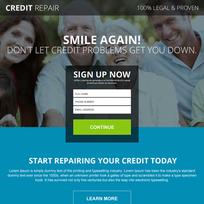 Credit repair sign up capturing responsive landing page