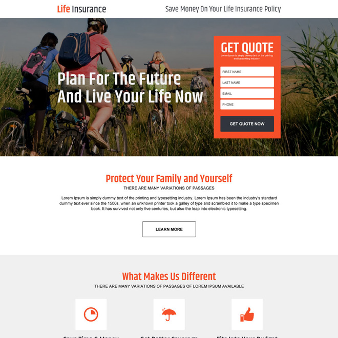 life insurance policy for family responsive landing page design