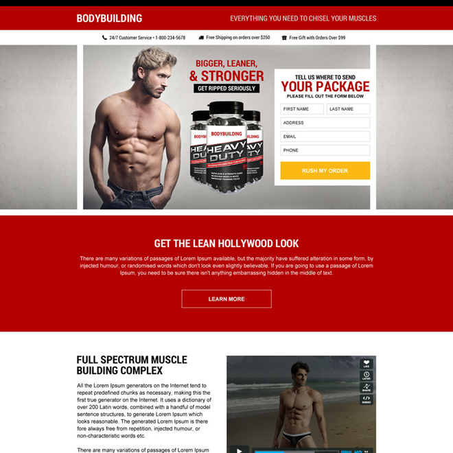 responsive muscle building supplement selling landing page Bodybuilding example