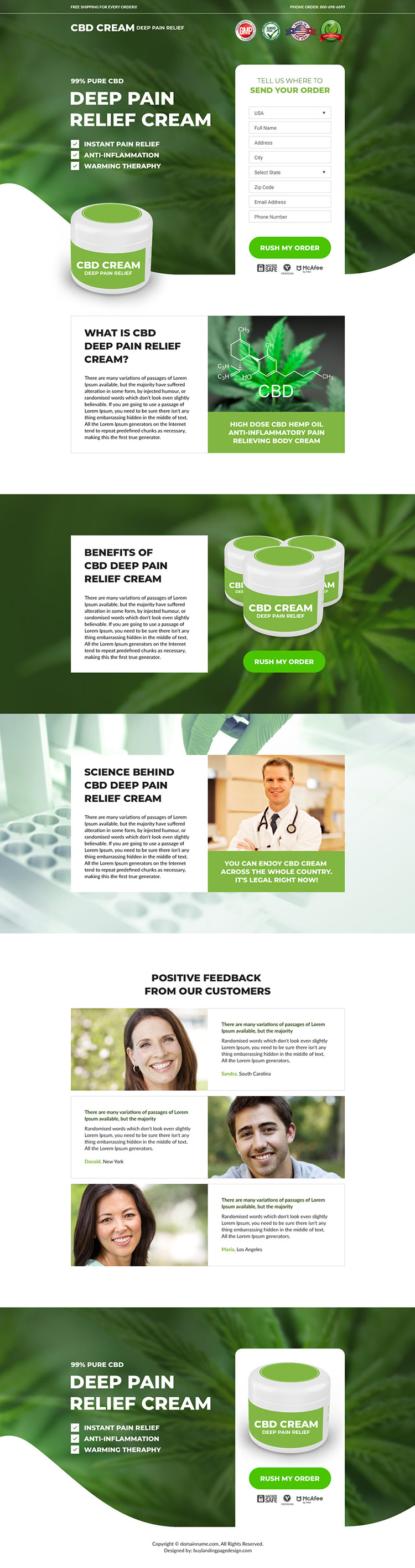 CBD pain relief cream selling responsive landing page design