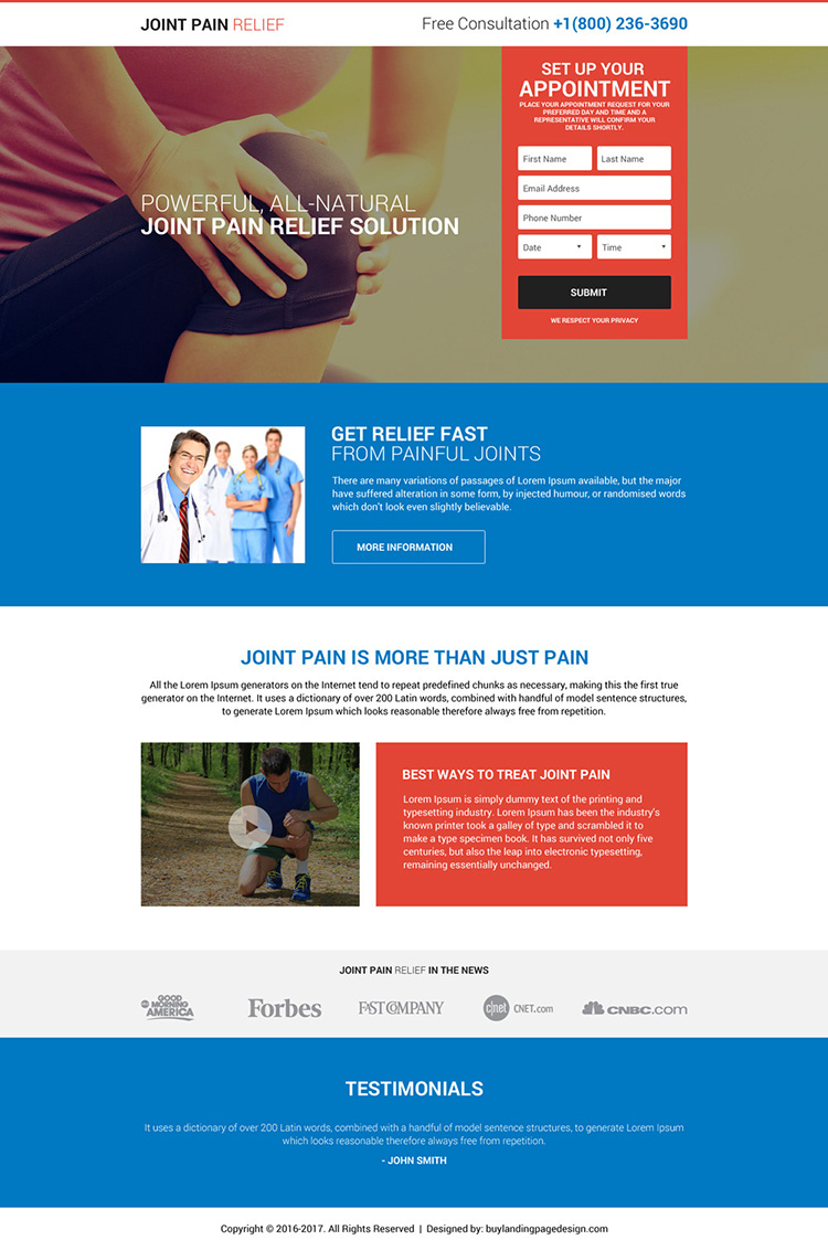 responsive joint pain relief free consultation lead capturing landing page design