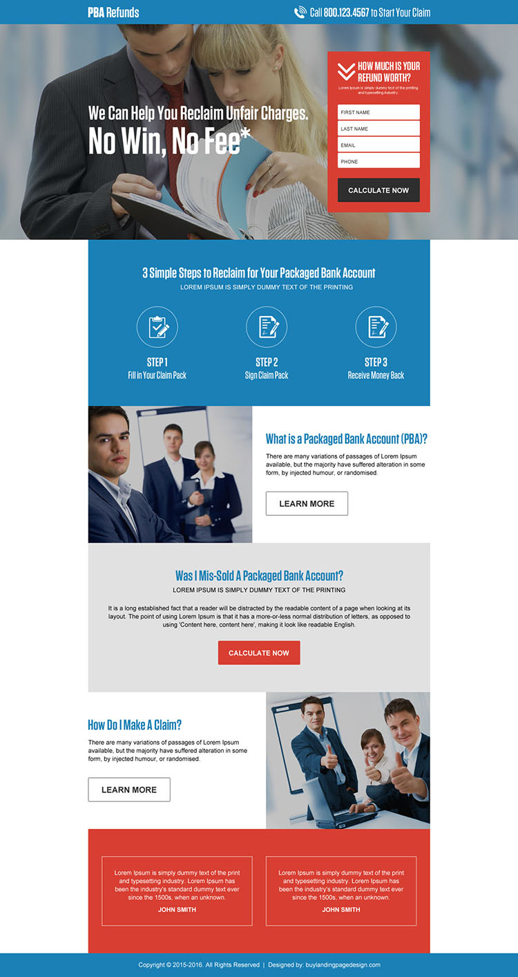 Responsive packaged bank account refund landing page