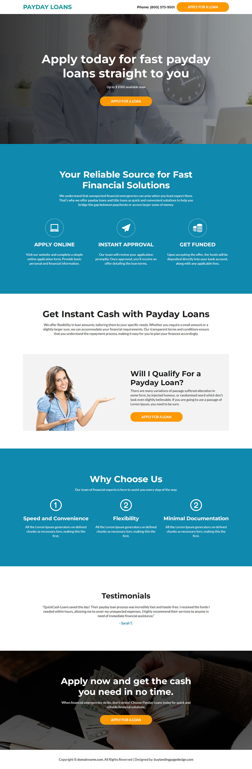 instant cash payday loans lead capture landing page