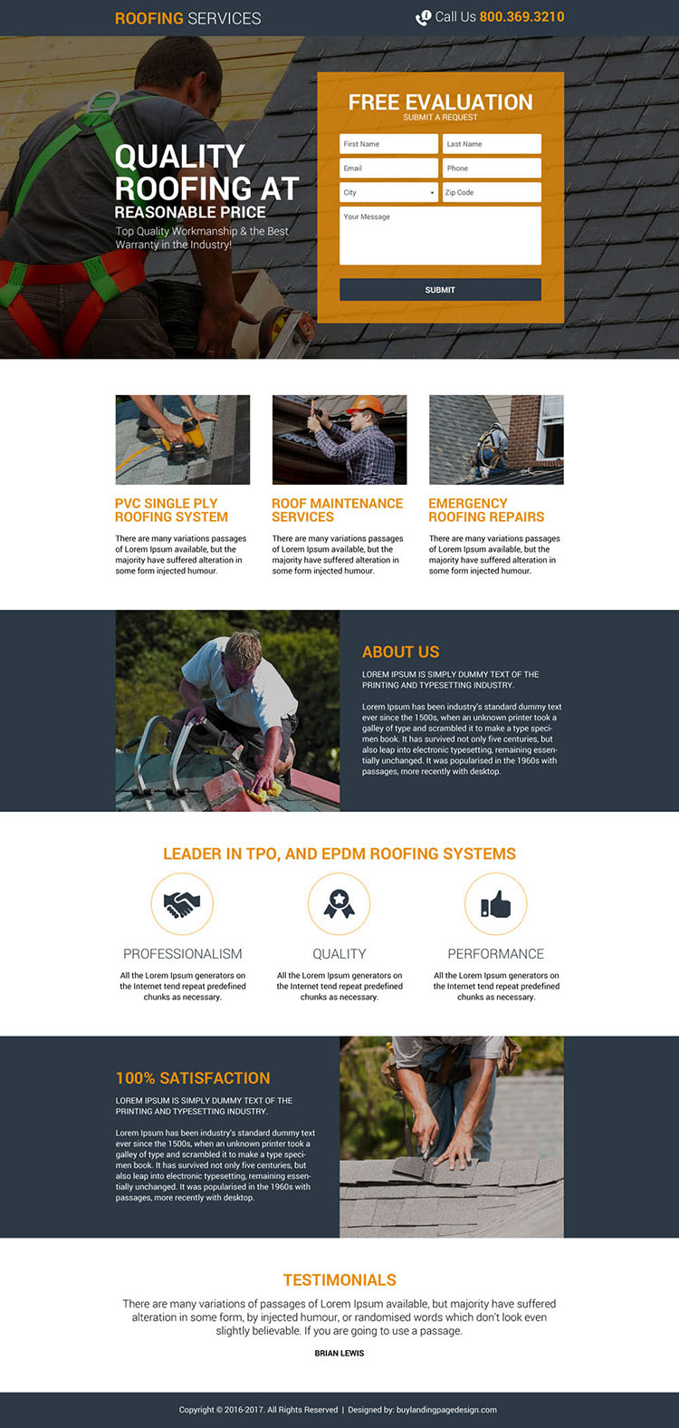 quality roofing lead generating landing page design