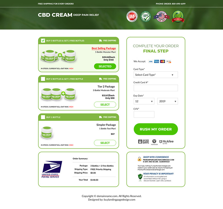 CBD pain relief cream selling responsive landing page design